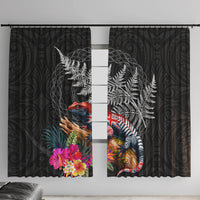 New Zealand Tuatara Window Curtain Silver Fern Hibiscus and Tribal Maori Pattern Black Color LT03 With Hooks Black - Polynesian Pride