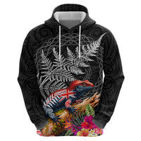 New Zealand Tuatara Zip Hoodie Silver Fern Hibiscus and Tribal Maori Pattern Black Color LT03 - Polynesian Pride