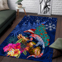 New Zealand Tuatara Christmas Area Rug Silver Fern and Xmas Pohutukawa Tree Blue Color LT03 Blue - Polynesian Pride