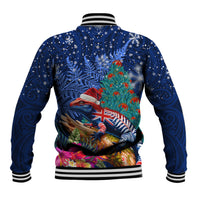 New Zealand Tuatara Christmas Baseball Jacket Silver Fern and Xmas Pohutukawa Tree Blue Color LT03 - Polynesian Pride