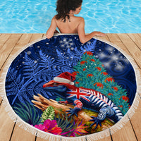 New Zealand Tuatara Christmas Beach Blanket Silver Fern and Xmas Pohutukawa Tree Blue Color LT03 - Polynesian Pride