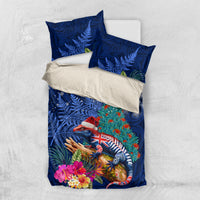 New Zealand Tuatara Christmas Bedding Set Silver Fern and Xmas Pohutukawa Tree Blue Color LT03 US Twin 172cm x 218cm Blue - Polynesian Pride