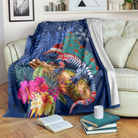New Zealand Tuatara Christmas Blanket Silver Fern and Xmas Pohutukawa Tree Blue Color LT03 Blue - Polynesian Pride