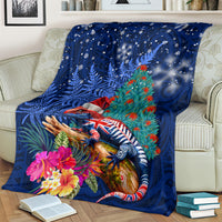 New Zealand Tuatara Christmas Blanket Silver Fern and Xmas Pohutukawa Tree Blue Color LT03 - Polynesian Pride