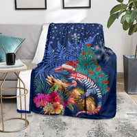 New Zealand Tuatara Christmas Blanket Silver Fern and Xmas Pohutukawa Tree Blue Color LT03 - Polynesian Pride