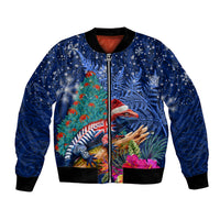 New Zealand Tuatara Christmas Bomber Jacket Silver Fern and Xmas Pohutukawa Tree Blue Color LT03 Unisex Blue - Polynesian Pride
