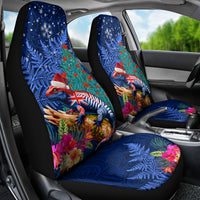New Zealand Tuatara Christmas Car Seat Cover Silver Fern and Xmas Pohutukawa Tree Blue Color LT03 - Polynesian Pride