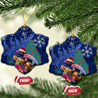 New Zealand Tuatara Christmas Ceramic Ornament Silver Fern and Xmas Pohutukawa Tree Blue Color LT03 Snow Flake Blue - Polynesian Pride