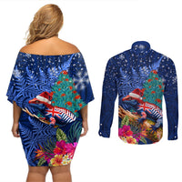 New Zealand Tuatara Christmas Couples Matching Off Shoulder Short Dress and Long Sleeve Button Shirt Silver Fern and Xmas Pohutukawa Tree Blue Color LT03 - Polynesian Pride
