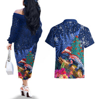 New Zealand Tuatara Christmas Couples Matching Off The Shoulder Long Sleeve Dress and Hawaiian Shirt Silver Fern and Xmas Pohutukawa Tree Blue Color LT03 - Polynesian Pride