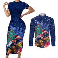New Zealand Tuatara Christmas Couples Matching Short Sleeve Bodycon Dress and Long Sleeve Button Shirt Silver Fern and Xmas Pohutukawa Tree Blue Color LT03 Blue - Polynesian Pride