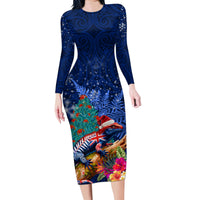 New Zealand Tuatara Christmas Family Matching Long Sleeve Bodycon Dress and Hawaiian Shirt Silver Fern and Xmas Pohutukawa Tree Blue Color LT03 Mom's Dress Blue - Polynesian Pride