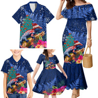 New Zealand Tuatara Christmas Family Matching Mermaid Dress and Hawaiian Shirt Silver Fern and Xmas Pohutukawa Tree Blue Color LT03 - Polynesian Pride