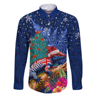 New Zealand Tuatara Christmas Family Matching Off Shoulder Short Dress and Hawaiian Shirt Silver Fern and Xmas Pohutukawa Tree Blue Color LT03 Dad's Shirt - Long Sleeve Blue - Polynesian Pride