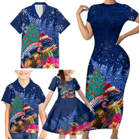 New Zealand Tuatara Christmas Family Matching Short Sleeve Bodycon Dress and Hawaiian Shirt Silver Fern and Xmas Pohutukawa Tree Blue Color LT03 - Polynesian Pride