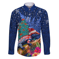 New Zealand Tuatara Christmas Family Matching Short Sleeve Bodycon Dress and Hawaiian Shirt Silver Fern and Xmas Pohutukawa Tree Blue Color LT03 Dad's Shirt - Long Sleeve Blue - Polynesian Pride