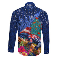 New Zealand Tuatara Christmas Family Matching Short Sleeve Bodycon Dress and Hawaiian Shirt Silver Fern and Xmas Pohutukawa Tree Blue Color LT03 - Polynesian Pride