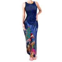 New Zealand Tuatara Christmas Family Matching Tank Maxi Dress and Hawaiian Shirt Silver Fern and Xmas Pohutukawa Tree Blue Color LT03 Mom's Dress Blue - Polynesian Pride