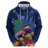 New Zealand Tuatara Christmas Hoodie Silver Fern and Xmas Pohutukawa Tree Blue Color LT03 - Polynesian Pride