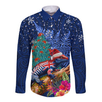 New Zealand Tuatara Christmas Long Sleeve Button Shirt Silver Fern and Xmas Pohutukawa Tree Blue Color LT03 Unisex Blue - Polynesian Pride
