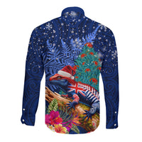 New Zealand Tuatara Christmas Long Sleeve Button Shirt Silver Fern and Xmas Pohutukawa Tree Blue Color LT03 - Polynesian Pride