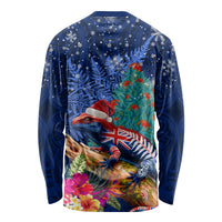 New Zealand Tuatara Christmas Long Sleeve Shirt Silver Fern and Xmas Pohutukawa Tree Blue Color LT03 - Polynesian Pride