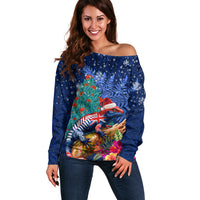 New Zealand Tuatara Christmas Off Shoulder Sweater Silver Fern and Xmas Pohutukawa Tree Blue Color LT03 Women Blue - Polynesian Pride