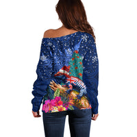 New Zealand Tuatara Christmas Off Shoulder Sweater Silver Fern and Xmas Pohutukawa Tree Blue Color LT03 - Polynesian Pride