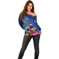 New Zealand Tuatara Christmas Off Shoulder Sweater Silver Fern and Xmas Pohutukawa Tree Blue Color LT03 - Polynesian Pride