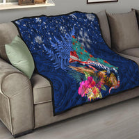 New Zealand Tuatara Christmas Quilt Silver Fern and Xmas Pohutukawa Tree Blue Color LT03 - Polynesian Pride