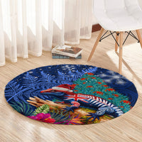 New Zealand Tuatara Christmas Round Carpet Silver Fern and Xmas Pohutukawa Tree Blue Color LT03 - Polynesian Pride
