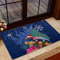 New Zealand Tuatara Christmas Rubber Doormat Silver Fern and Xmas Pohutukawa Tree Blue Color LT03 - Polynesian Pride