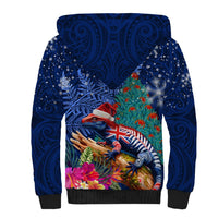 New Zealand Tuatara Christmas Sherpa Hoodie Silver Fern and Xmas Pohutukawa Tree Blue Color LT03 - Polynesian Pride