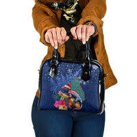 New Zealand Tuatara Christmas Shoulder Handbag Silver Fern and Xmas Pohutukawa Tree Blue Color LT03 One Size Blue - Polynesian Pride