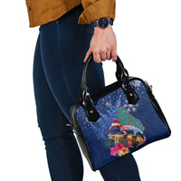 New Zealand Tuatara Christmas Shoulder Handbag Silver Fern and Xmas Pohutukawa Tree Blue Color LT03 - Polynesian Pride