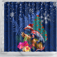 New Zealand Tuatara Christmas Shower Curtain Silver Fern and Xmas Pohutukawa Tree Blue Color LT03 - Polynesian Pride
