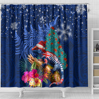 New Zealand Tuatara Christmas Shower Curtain Silver Fern and Xmas Pohutukawa Tree Blue Color LT03 - Polynesian Pride
