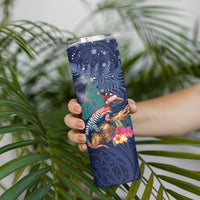 New Zealand Tuatara Christmas Skinny Tumbler Silver Fern and Xmas Pohutukawa Tree Blue Color LT03 - Polynesian Pride