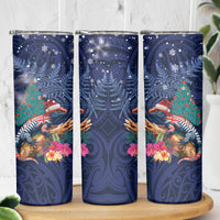 New Zealand Tuatara Christmas Skinny Tumbler Silver Fern and Xmas Pohutukawa Tree Blue Color LT03 - Polynesian Pride