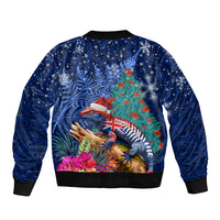 New Zealand Tuatara Christmas Sleeve Zip Bomber Jacket Silver Fern and Xmas Pohutukawa Tree Blue Color LT03 - Polynesian Pride