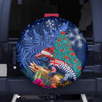 New Zealand Tuatara Christmas Spare Tire Cover Silver Fern and Xmas Pohutukawa Tree Blue Color LT03 - Polynesian Pride