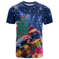 New Zealand Tuatara Christmas T Shirt Silver Fern and Xmas Pohutukawa Tree Blue Color LT03 Blue - Polynesian Pride