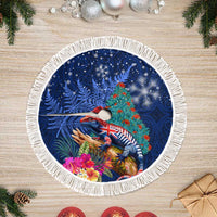 New Zealand Tuatara Christmas Tree Skirt Silver Fern and Xmas Pohutukawa Tree Blue Color LT03 Fringed Blue - Polynesian Pride