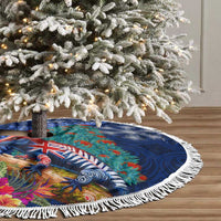 New Zealand Tuatara Christmas Tree Skirt Silver Fern and Xmas Pohutukawa Tree Blue Color LT03 - Polynesian Pride