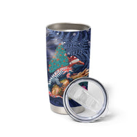 New Zealand Tuatara Christmas Tumbler Cup Silver Fern and Xmas Pohutukawa Tree Blue Color LT03 - Polynesian Pride