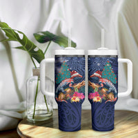 New Zealand Tuatara Christmas Tumbler With Handle Silver Fern and Xmas Pohutukawa Tree Blue Color LT03 - Polynesian Pride