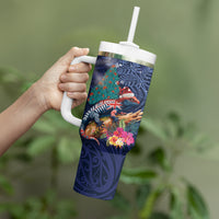 New Zealand Tuatara Christmas Tumbler With Handle Silver Fern and Xmas Pohutukawa Tree Blue Color LT03 - Polynesian Pride