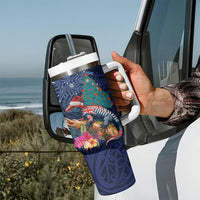 New Zealand Tuatara Christmas Tumbler With Handle Silver Fern and Xmas Pohutukawa Tree Blue Color LT03 - Polynesian Pride
