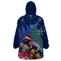 New Zealand Tuatara Christmas Wearable Blanket Hoodie Silver Fern and Xmas Pohutukawa Tree Blue Color LT03 - Polynesian Pride