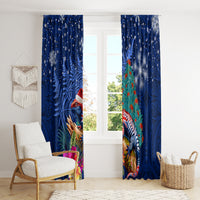New Zealand Tuatara Christmas Window Curtain Silver Fern and Xmas Pohutukawa Tree Blue Color LT03 - Polynesian Pride